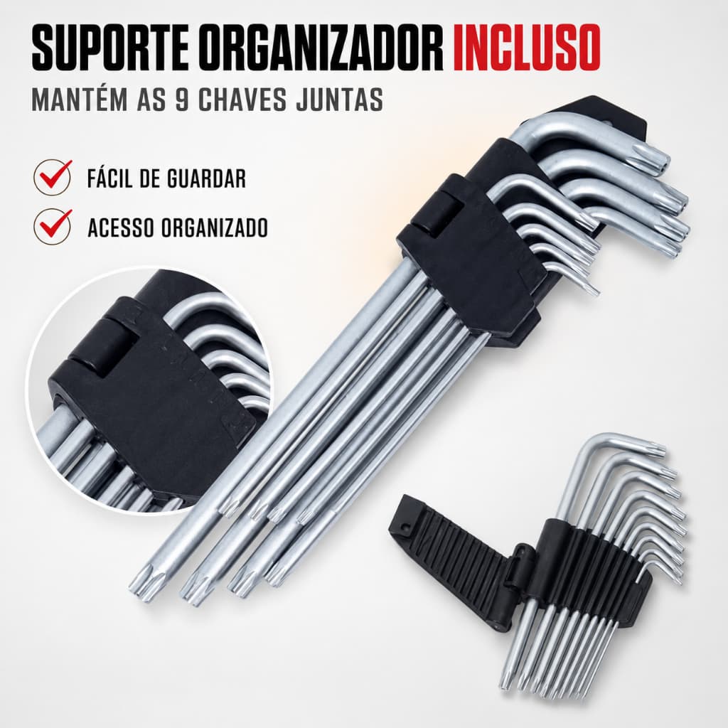 Kit Jogo 9 Chaves Torx de Segurança Com Furo Extralongas Aço Cromo Vanádio com Suporte para Mecânica