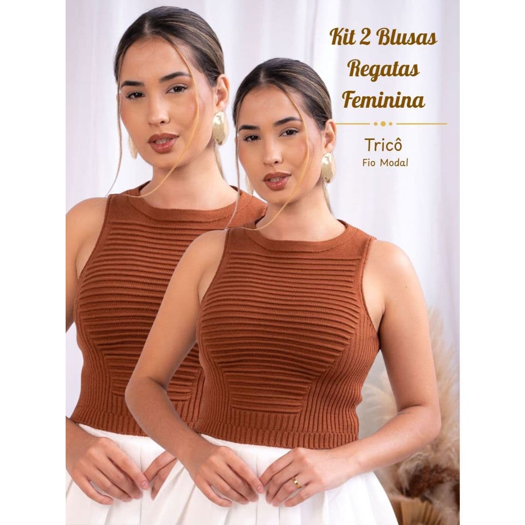 Kit 2 Blusas Regatas Feminina Cropped Tricô Modal Canelada Gola Redonda Tricot Casual Elegante Verão