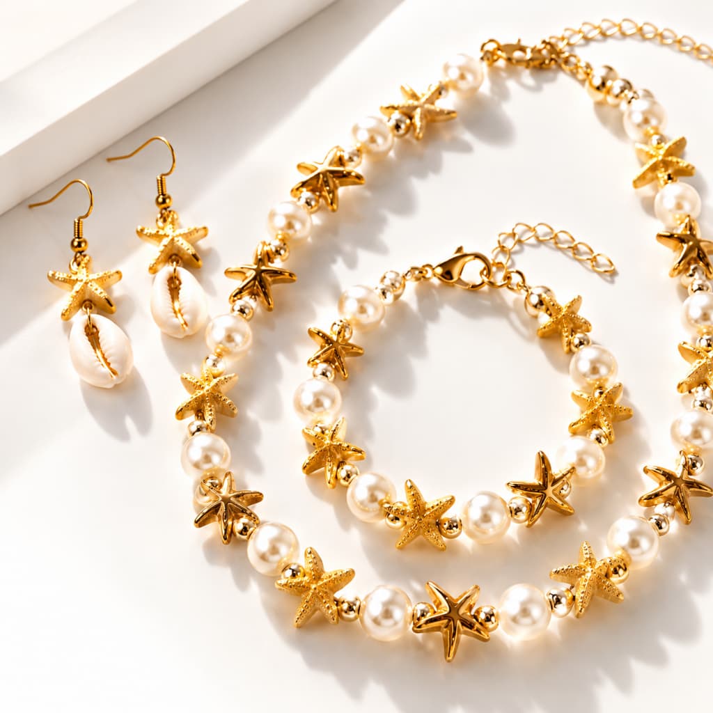 Kit Colar + Pulseira + Brincos Estrela do Mar com Pérolas – Conjunto Moda Praia Dourado Feminino Luxo Verão