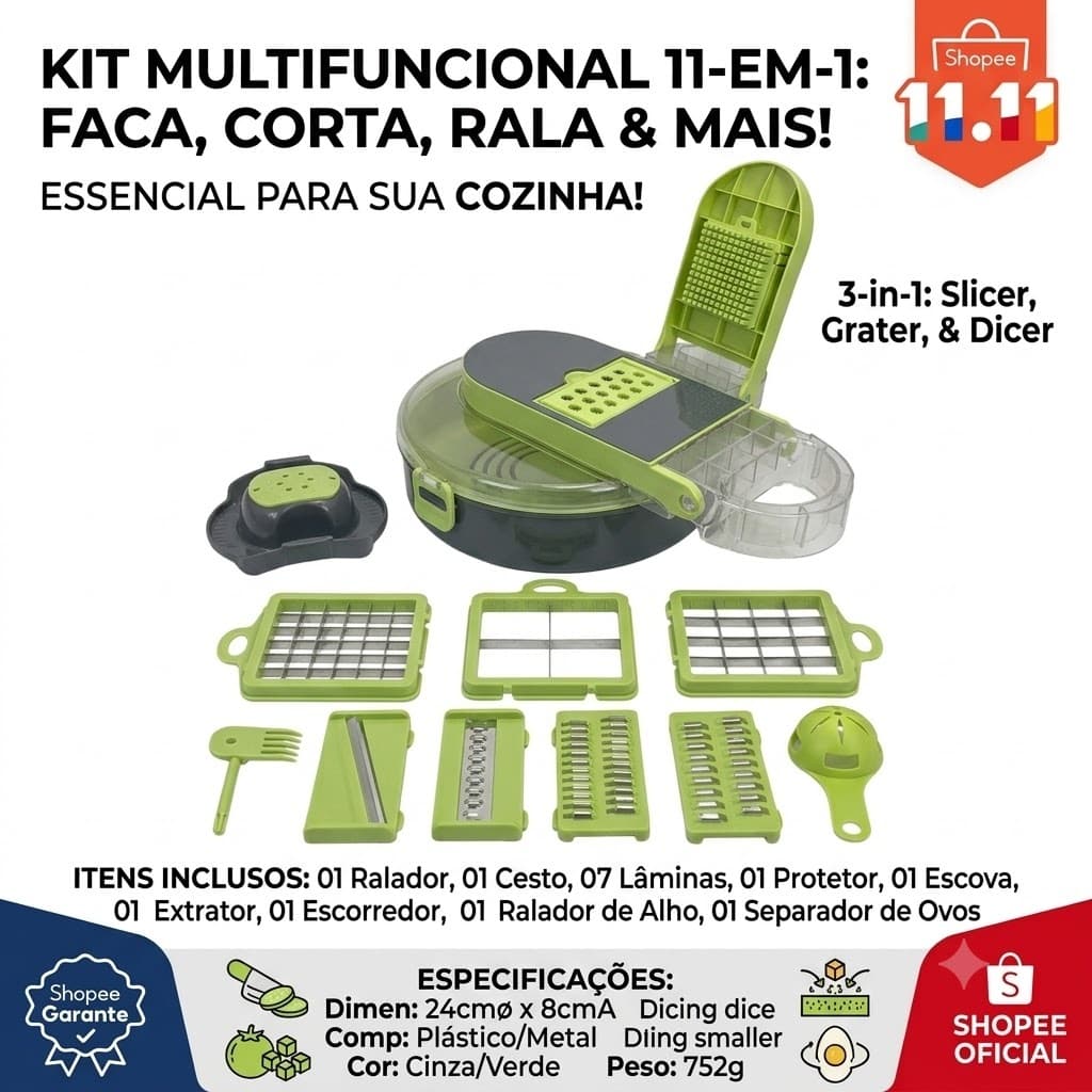 Ralador Fatiador Vegetais Legumes Frutas Inox Multifuncional 15 Pecas Cozinha