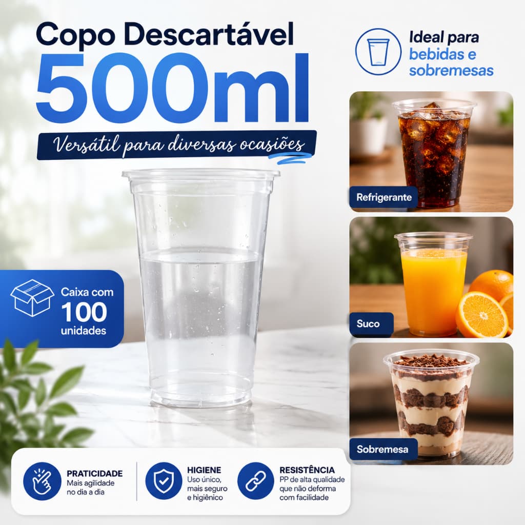 Copo Descartável Transparente PP First 500ml Liso Pacote com 50 ou 200 Unidades pacotes com 50 unidades