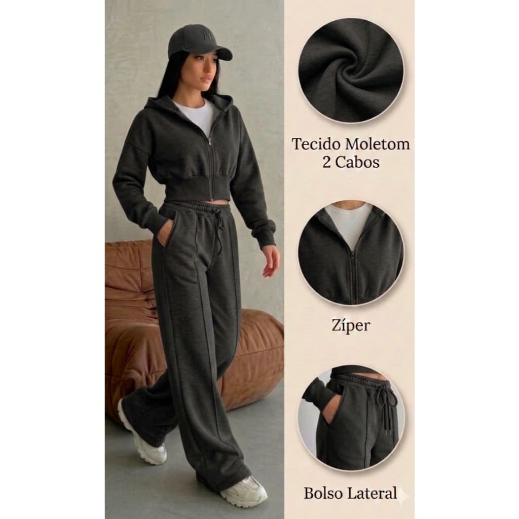 Conjunto Moletom Feminino Calça E Blusa Cropped Longo Com Zíper Frontal E Capuz Moda Inverno P-M-G Preto