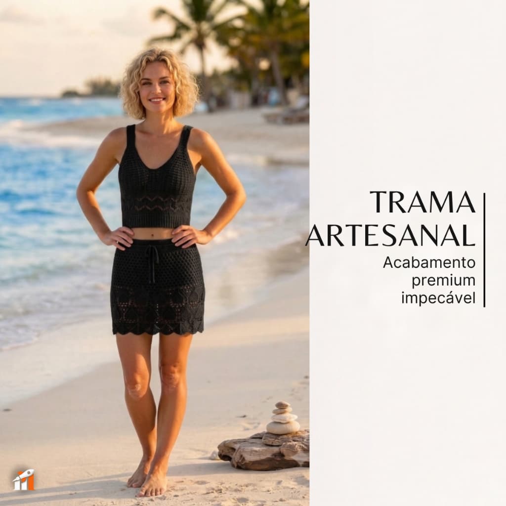 Conjunto Saída de Praia Feminino Tricô Crochê Top e Saia Vazados Cintura Ajustável Moda Verão