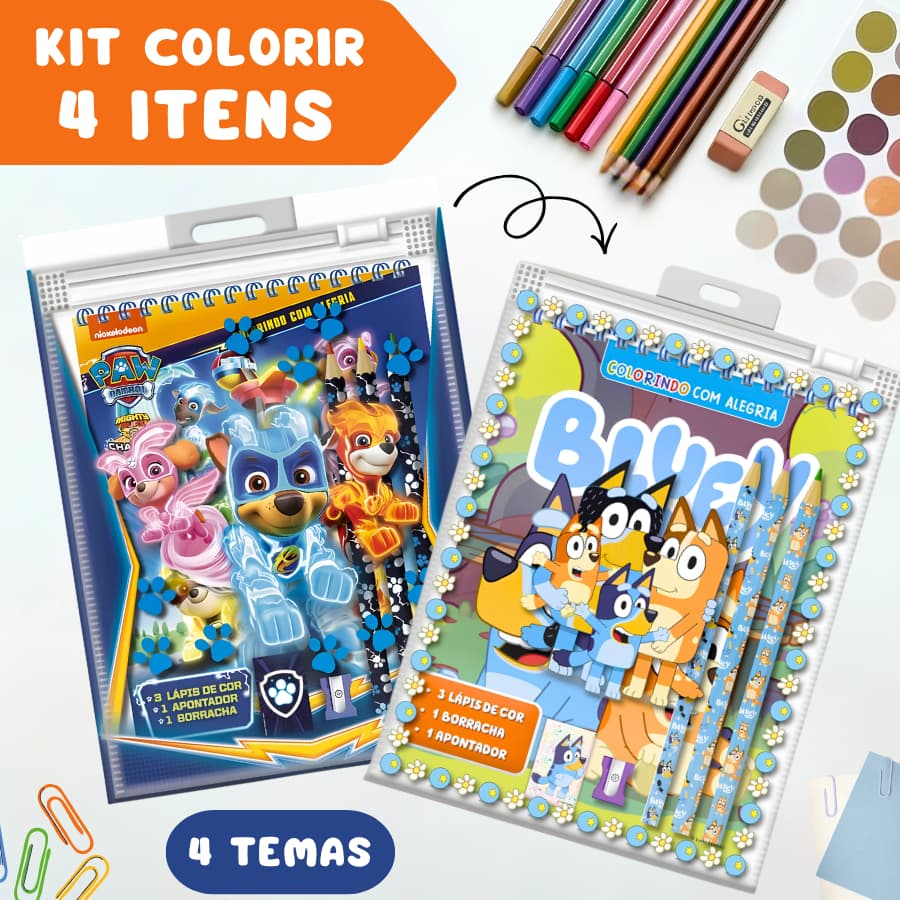Kit Livro de Colorir Educativo 4 Itens Bluey e Personagens Infantil Presente Menina Menino
