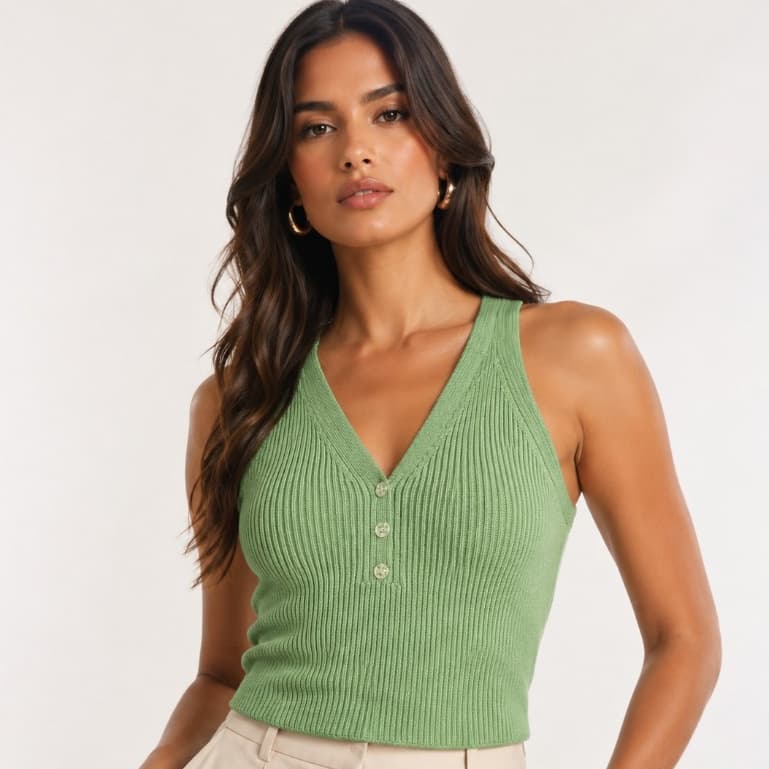 Regata Feminina Tricot Modal com Botões Decote V Blusa Elegante e Confortável Blusa Básica Feminina