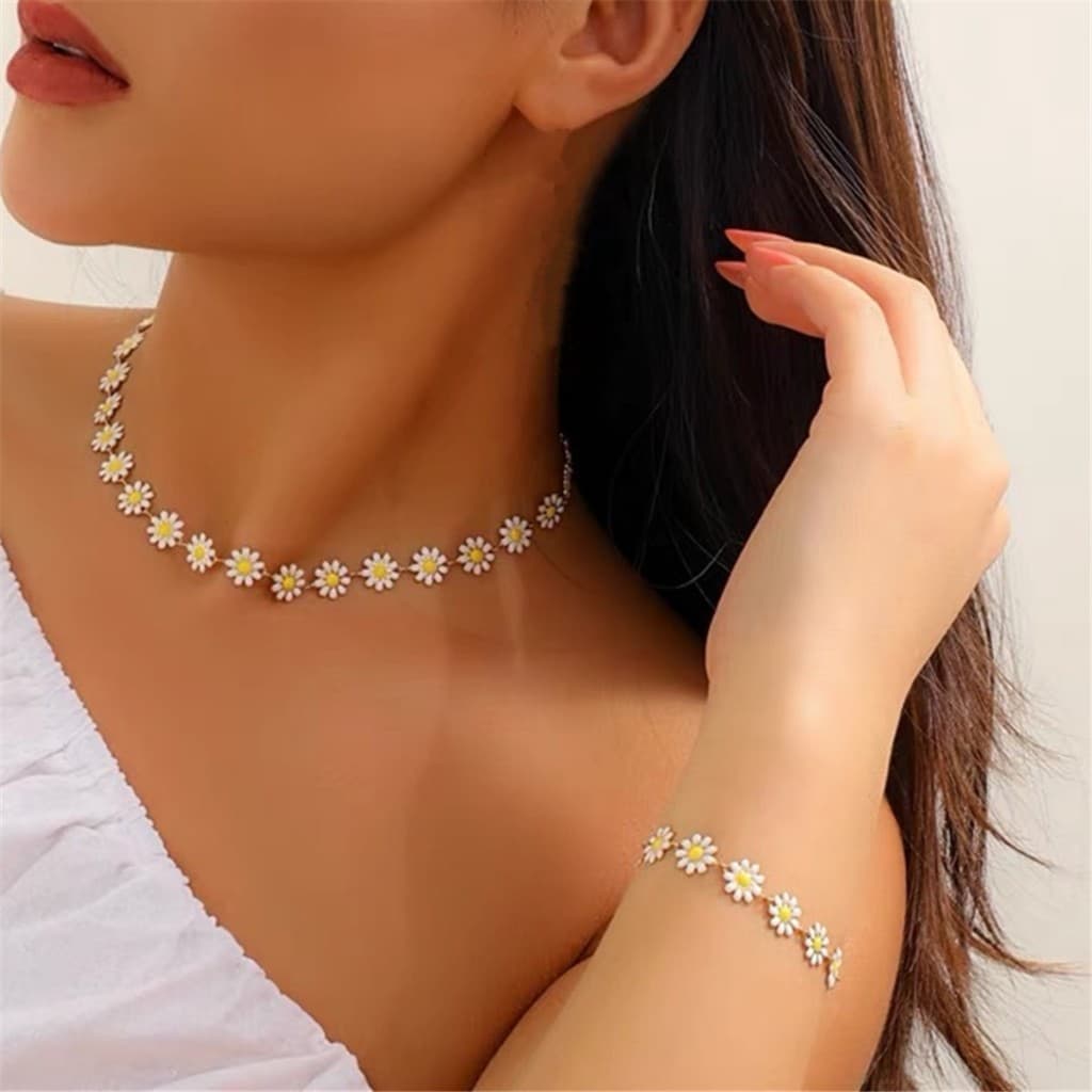 Kit Pulseira E Choker Colar Girassol Gargantilha Flor Margarita Folheado