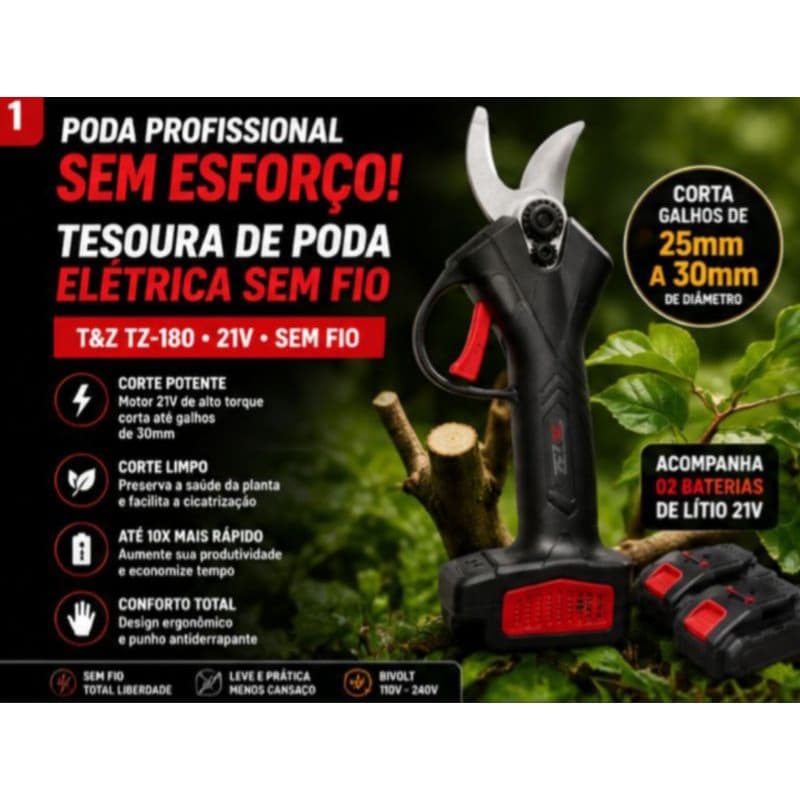 Tesoura de Poda Elétrica Sem Fio 21V Profissional 2 Baterias Maleta Kit Completo para Jardinagem TZ-180