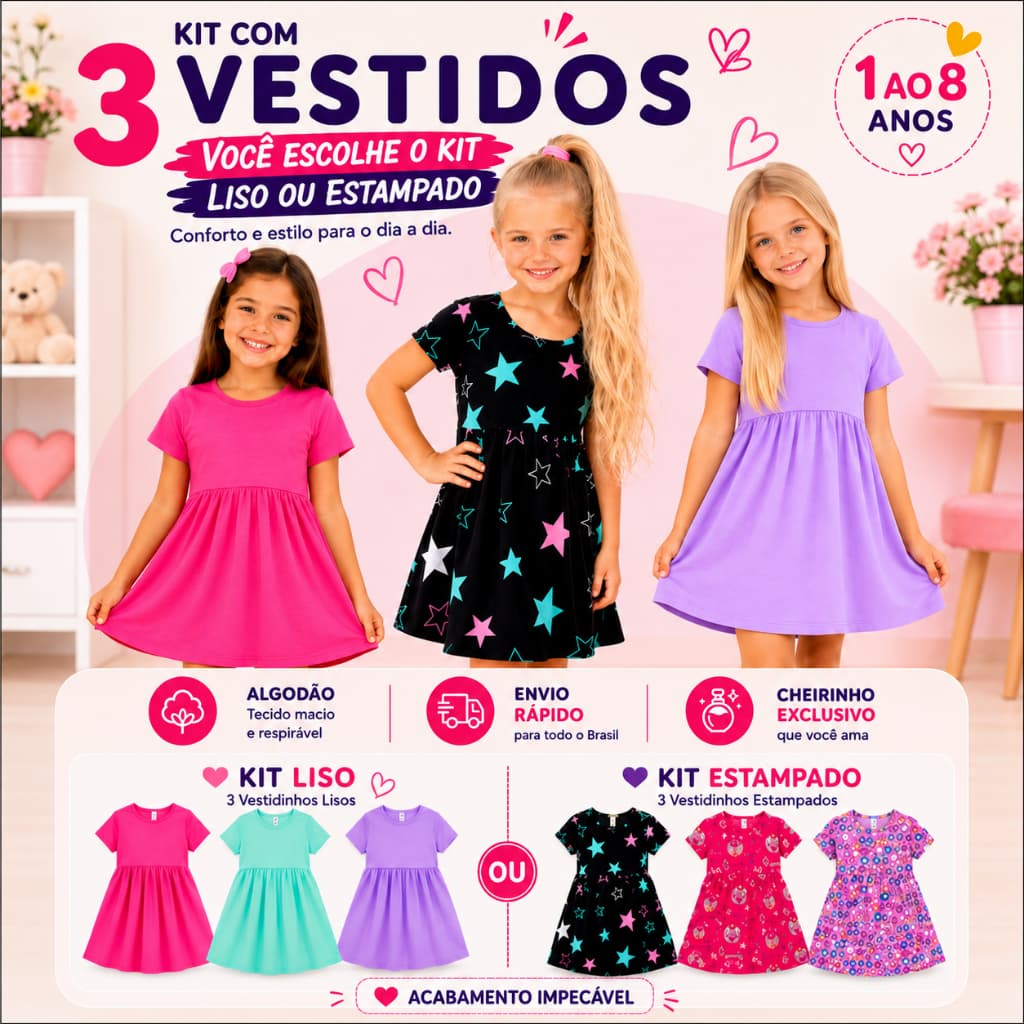 Kit 3 Vestidos Infantil Menina Manga Curta Estampado e Liso 1 Ao 8