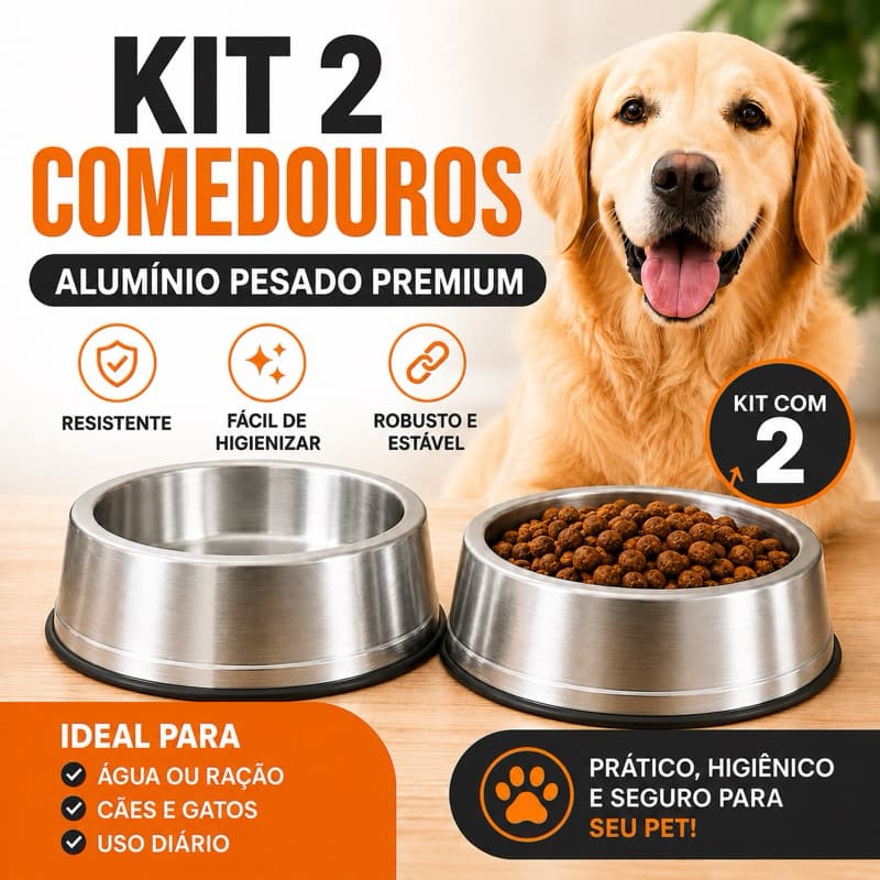 Kit 2 Comedouro Bebedouro Pesado Polido de Alumínio Pote Ração Água Cães Gatos Pequeno Médio e Grande Porte Mini P M G