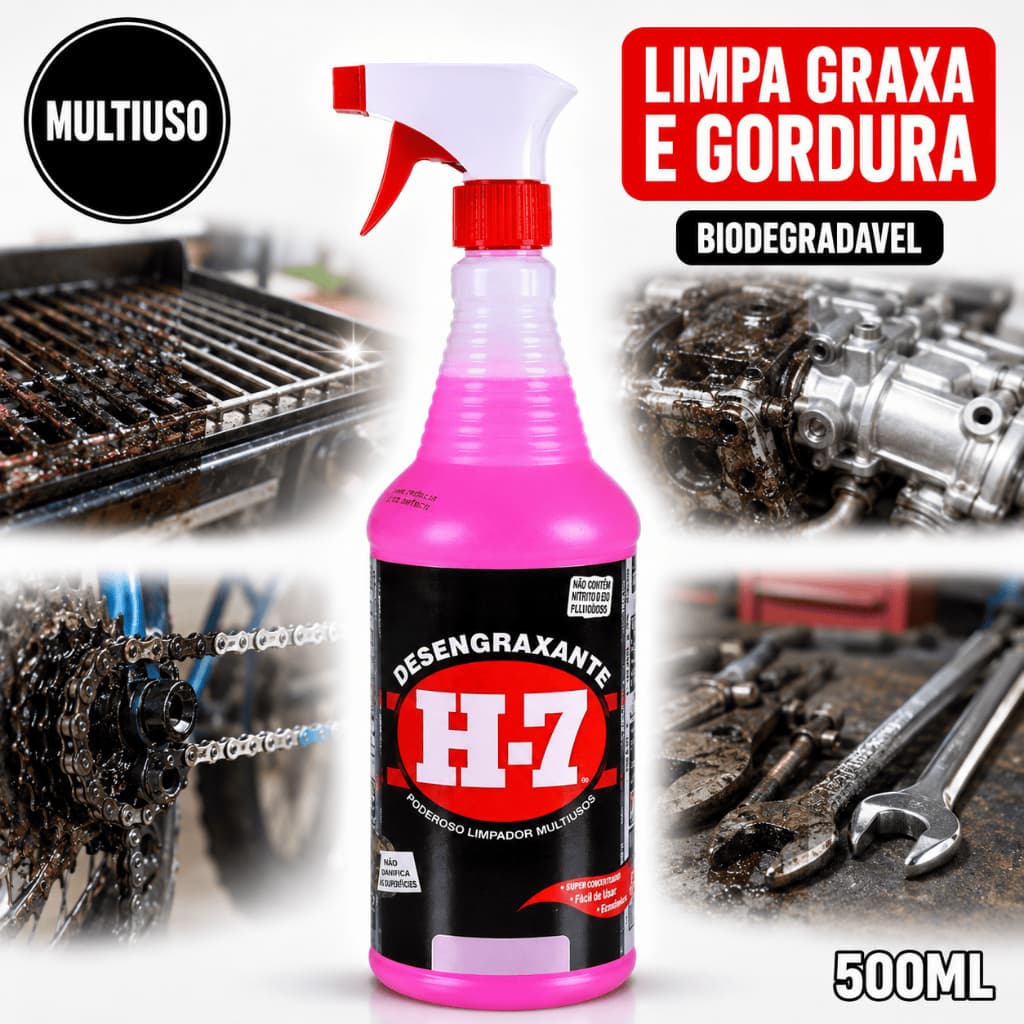 Desengraxante H-7 Multiuso 500ml Spray Limpa Graxa Óleo e Gordura Pesada Motor Cozinha e Piso