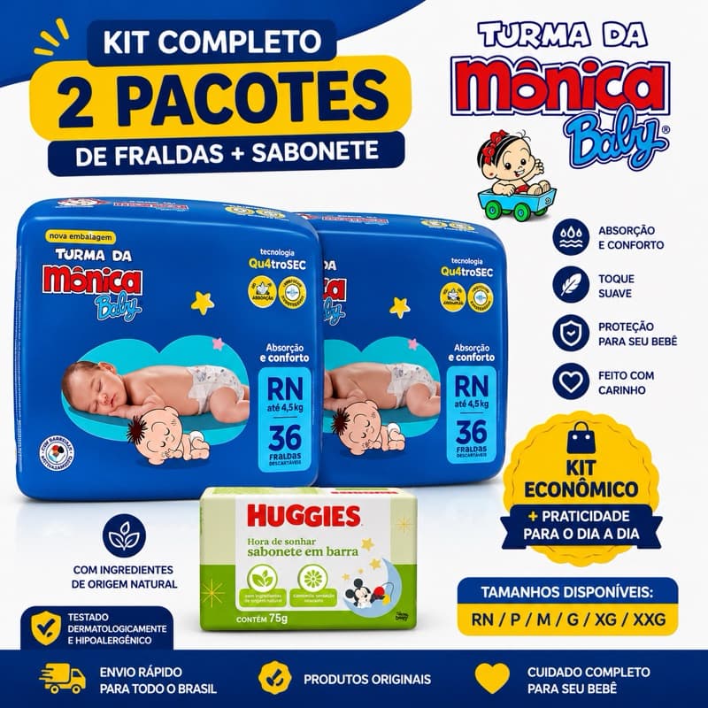 kit 2 pacotes fralda descartável turma da Mônica baby todos os tamanhos promoção super extra seca