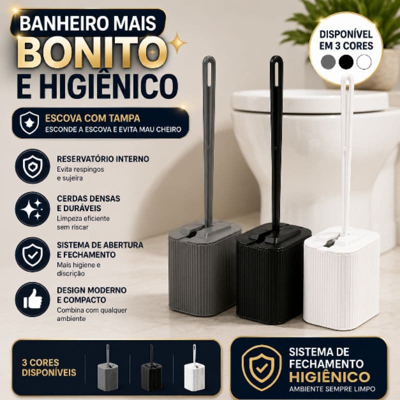 Escova Sanitária com Tampa e suporte para vaso sanitário compacta moderna 3 cores