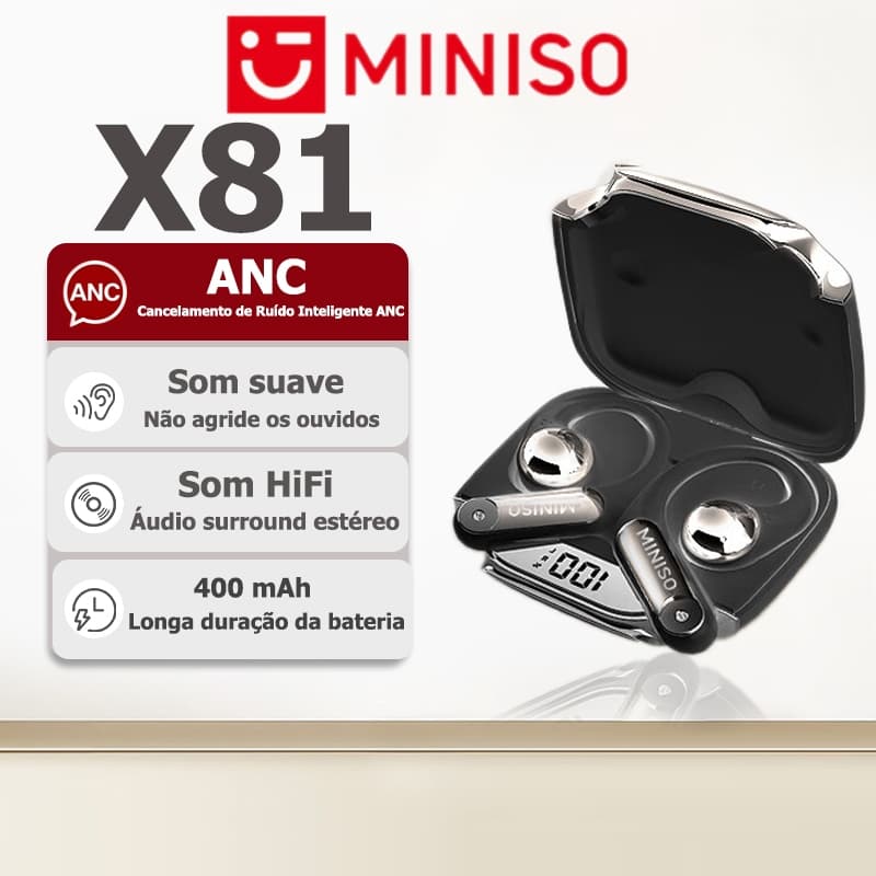 Fone Bluetooth MINISO X81, Versão Bluetooth 5.4, design moderno, som HiFi, cancelamento de ruído inteligente, resistente