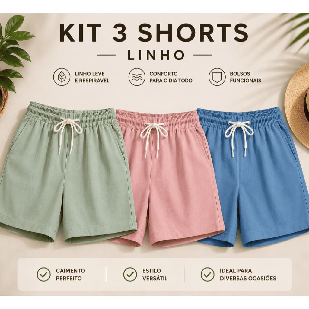 Kit 3 Bermudas Linho Masculina Premium Ajuste Cordão Casual