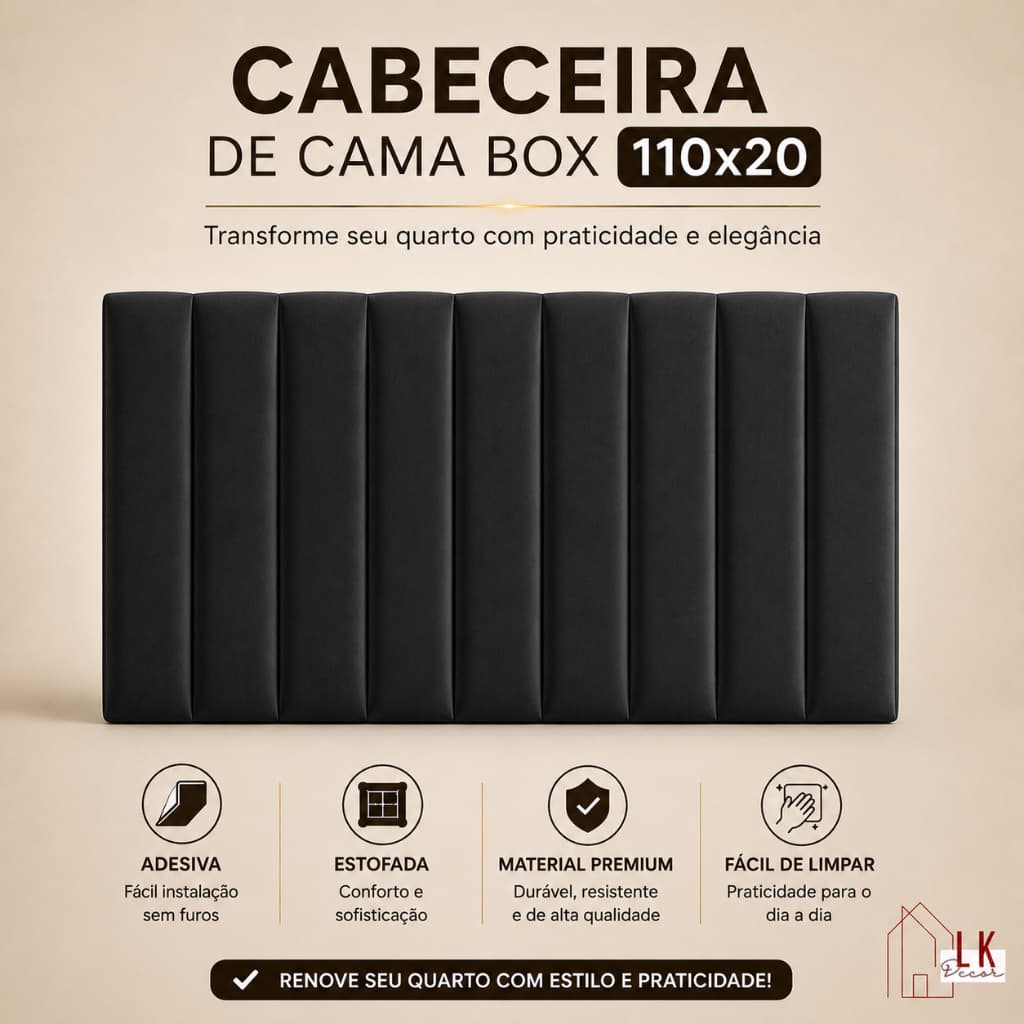 Cabeceira Adesiva Premium 110x20 Painel Estofado Cama Box Casal Solteiro Sem Furos - ENVIO IMEDIATO!
