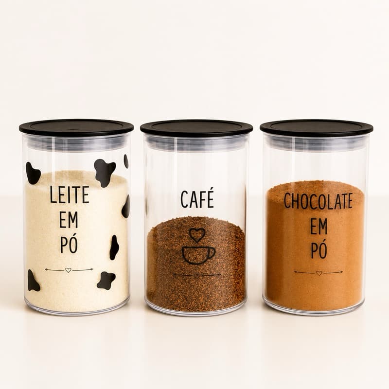 Kit 3 Potes Herméticos de Acrílico com Tampa para Leite em Pó, Café e Chocolate - Cozinha Organizada