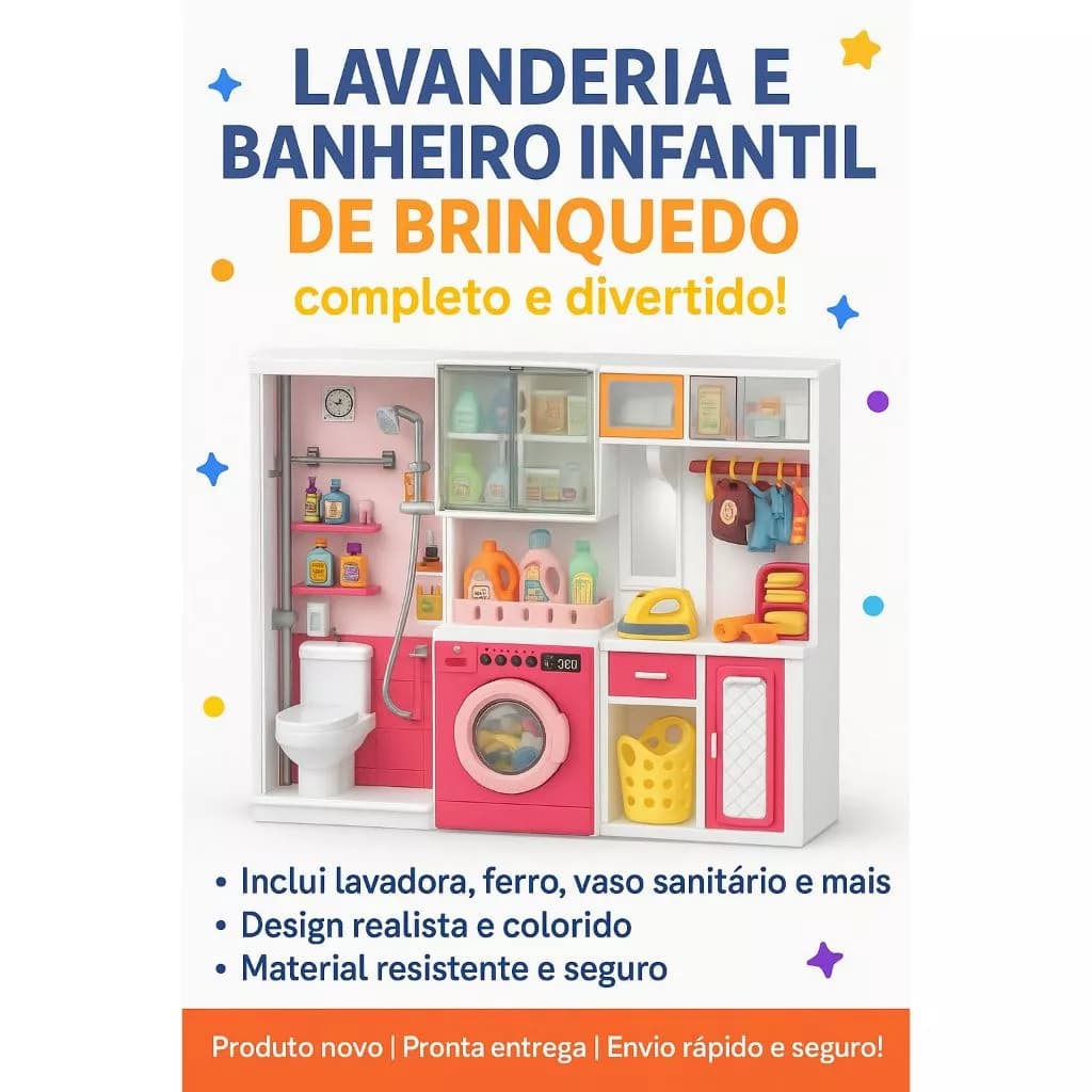 Kit Mini Lavanderia e Banheiro Infantil de Brinquedo - Completo Diversão Garantida