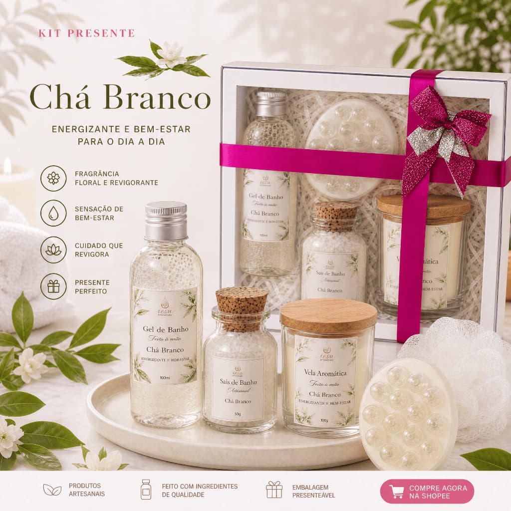 Kit Presente Spa Aromático Artesanal | 6 Itens | Vela Aromática 100g, Sabonete Massageador, Gel de Banho e Sais de Banho