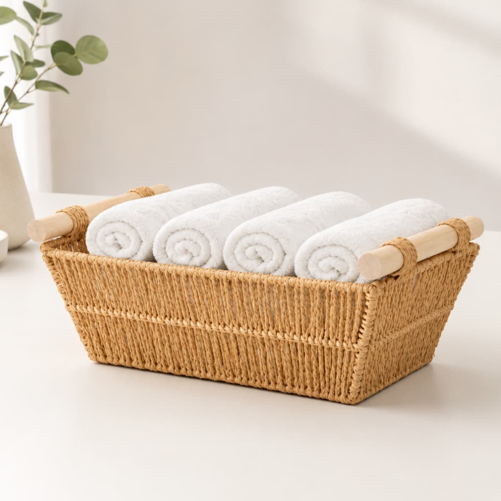 Cesto Organizador P Fibra Natural Com Alça Bambu Casa Sala Quarto Luxo