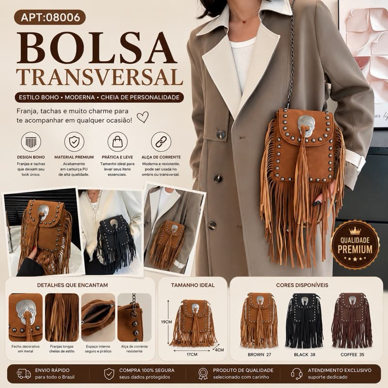 Bolsa Transversal Boho Feminina com Franjas e Tachas | Bolsa Pequena com Corrente 08006