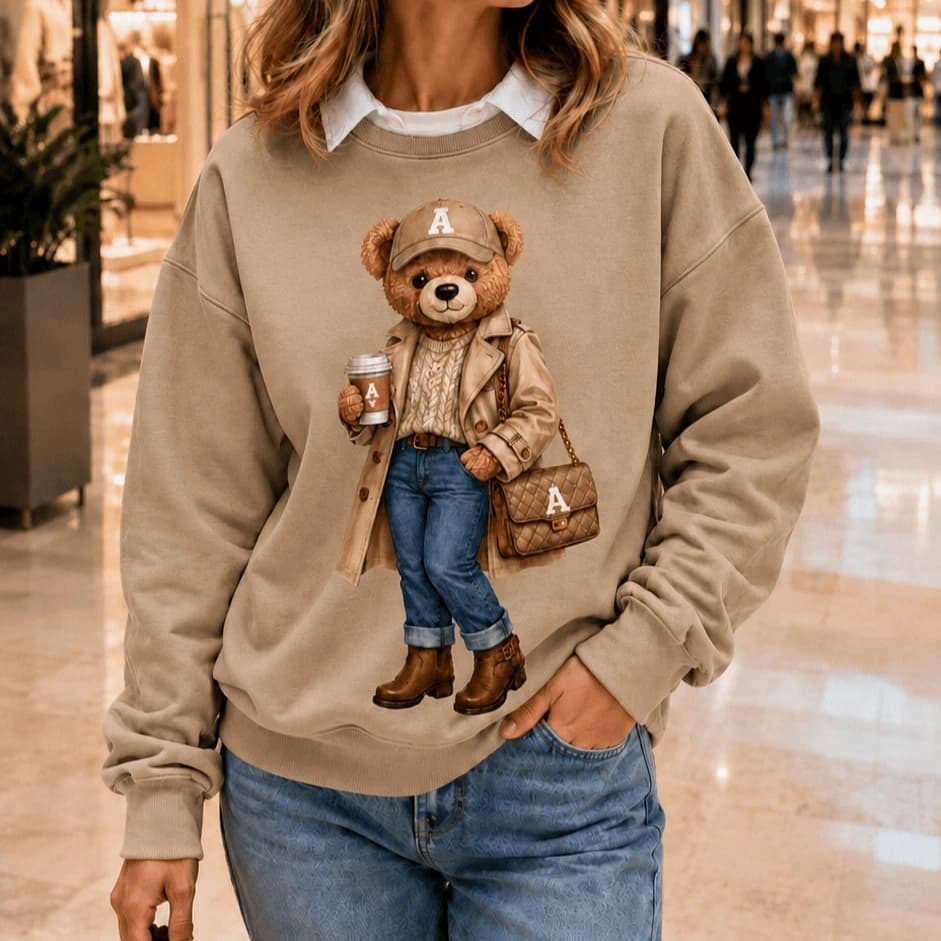 Moletom Gola Redonda Estiloso Feminino Estampado Urso Casaco e Bolsa