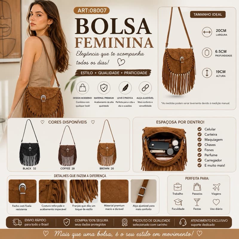 Bolsa Feminina Boho com Franjas em Camurça | Alça Longa Ajustável | Transversal Casual Vintage 08007