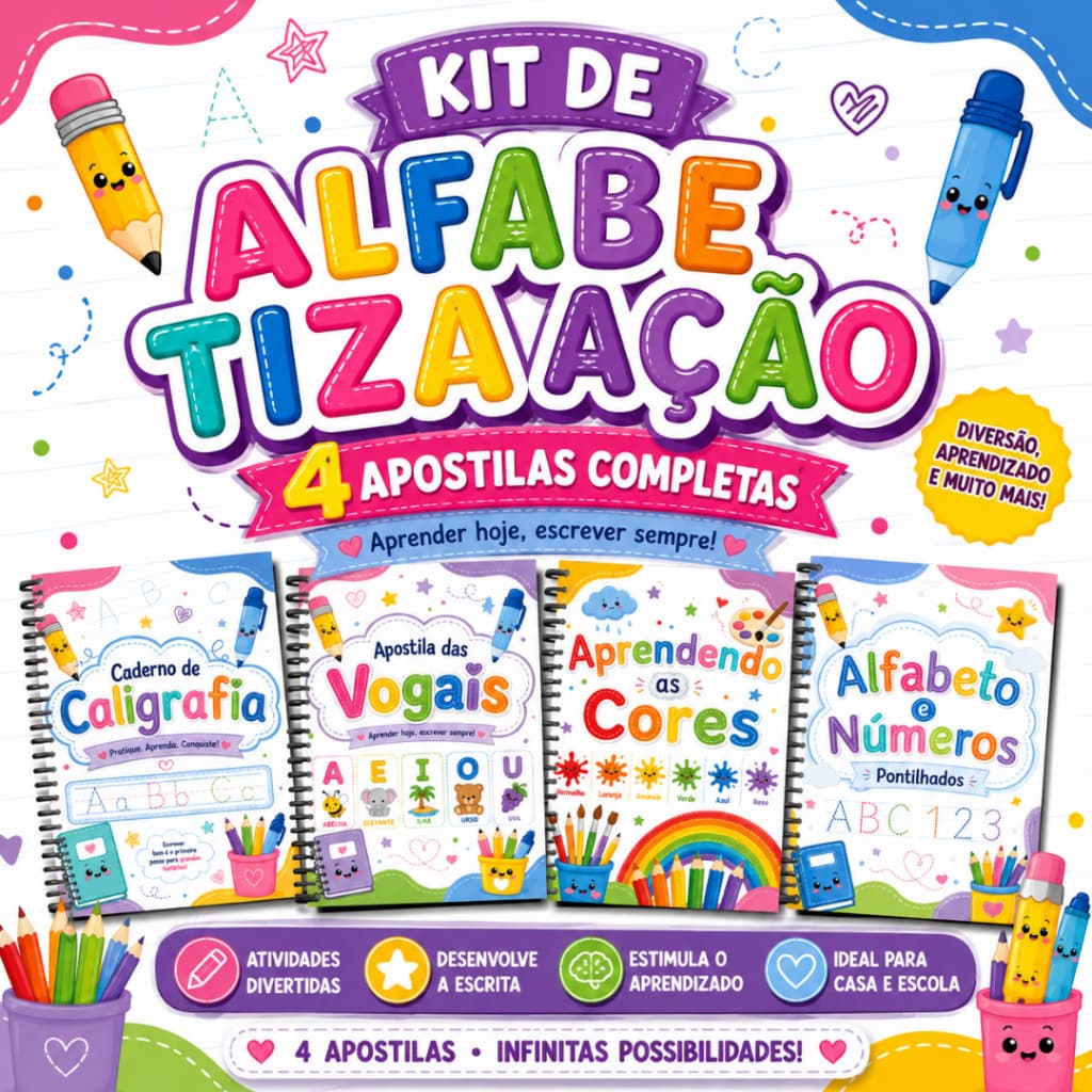 Kit 4 Livros A5 de Alfabetização Infantil - Alfabeto, Vogais, Números, Cores e Caligrafia - Atividades Educativas
