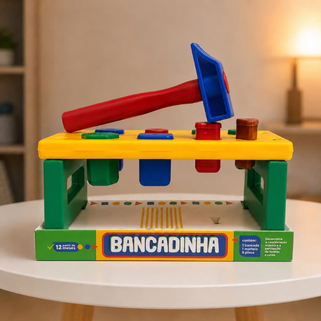 Brinquedo Psicopedagógico para montar modelo Bancadinha com Martelo e Figuras Geométricas