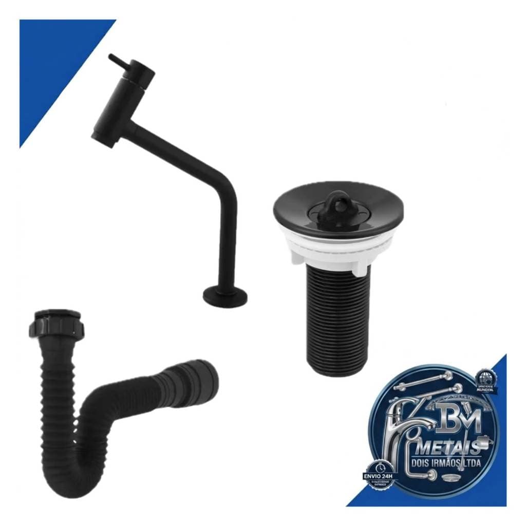 Kit Instalação Banheiro Preto Torneira Bica Alta + Válvula + Sifão Sanfonado Preto Envio 24h