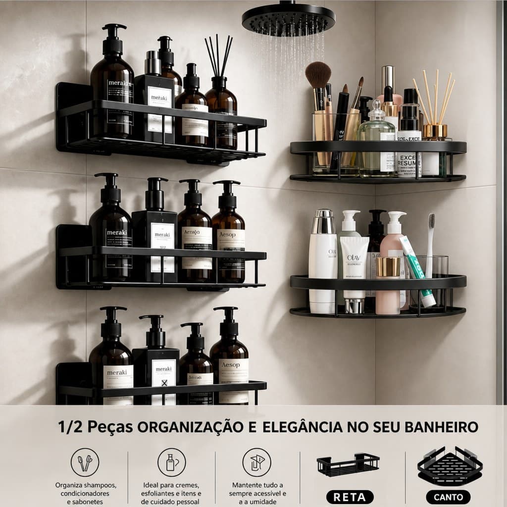 Kit 2 Suportes Organizadores Adesivos para Banheiro e Cozinha  Reta e Canto  Preto/Branco | Antiferrugem Forte Sem Furar