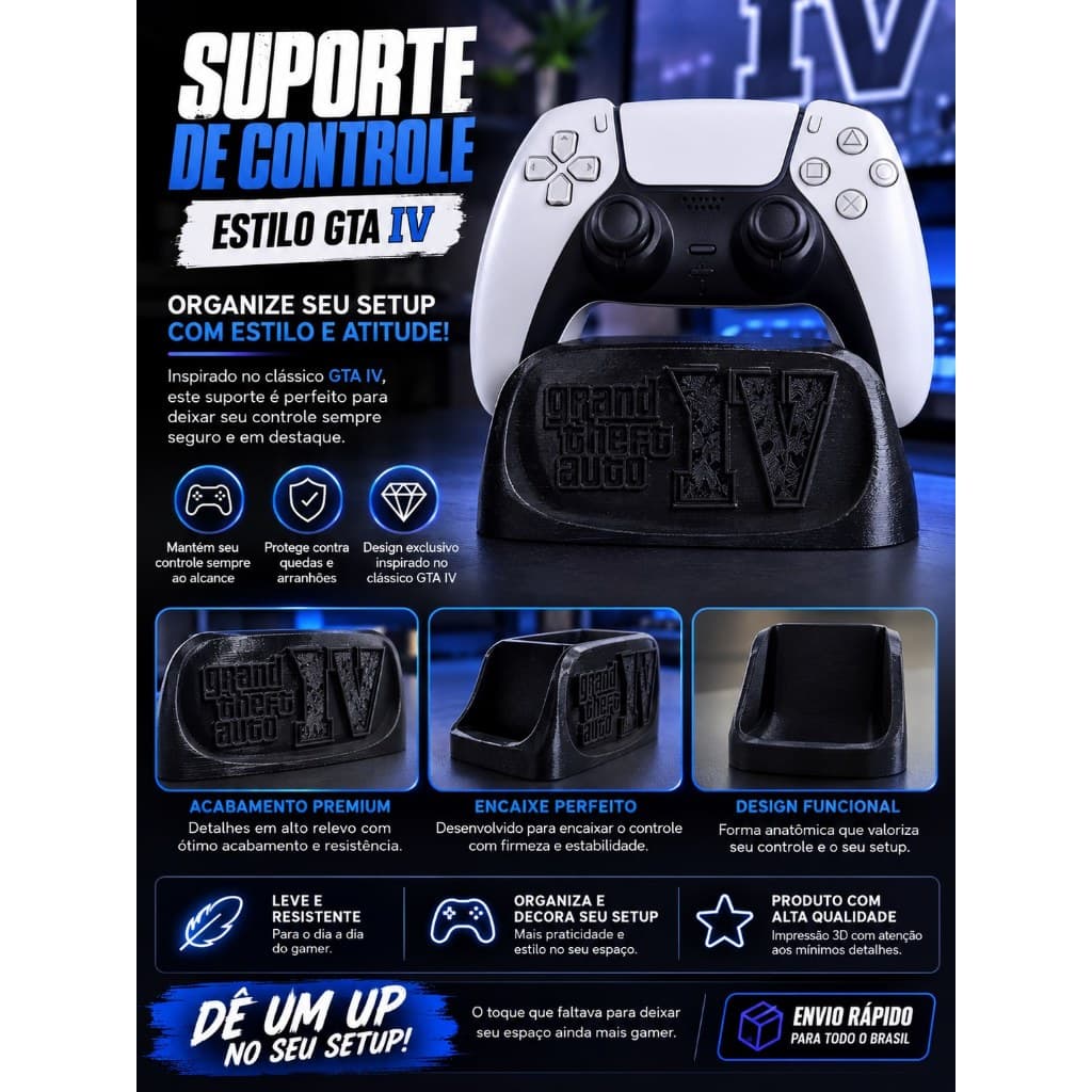 Suporte de Mesa para Controle Gamer Estilo GTA IV | Organizador em Impressão 3D