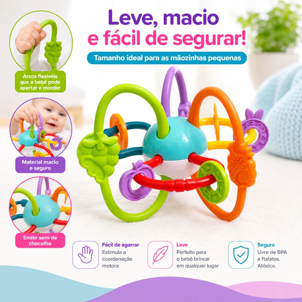Mordedor e Chocalho Fruit Ball Brinquedo Educativo  Para Bebês
