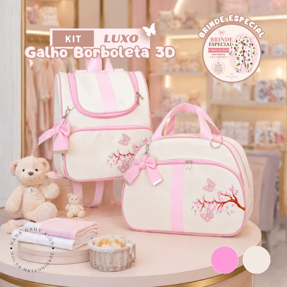 Kit Maternidade Bordado galho com borboleta 3D MENINA - Rosa Bebê (GANHA UM MACACÃO DE BRINDE)