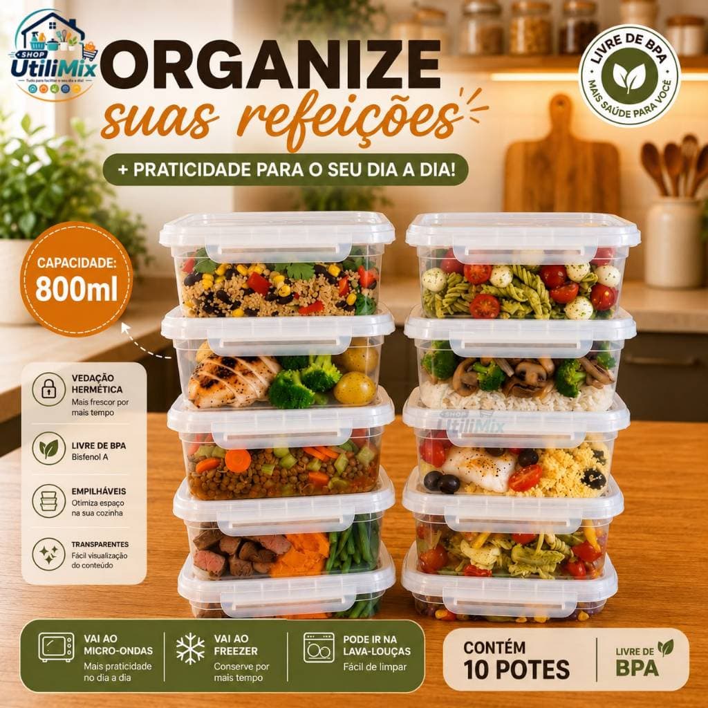 Kit ate 10 Potes Marmitas Fitness Hermeticos 800ml - Marmitas Com Travas Laterais - Organiza Alimentos Congelador