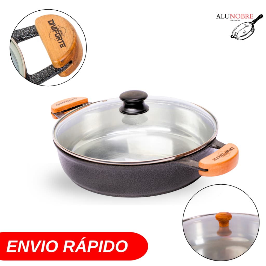 Frigideira 26 cm Aluminio Fundido Grosso Preta Com Tampa de Vidro