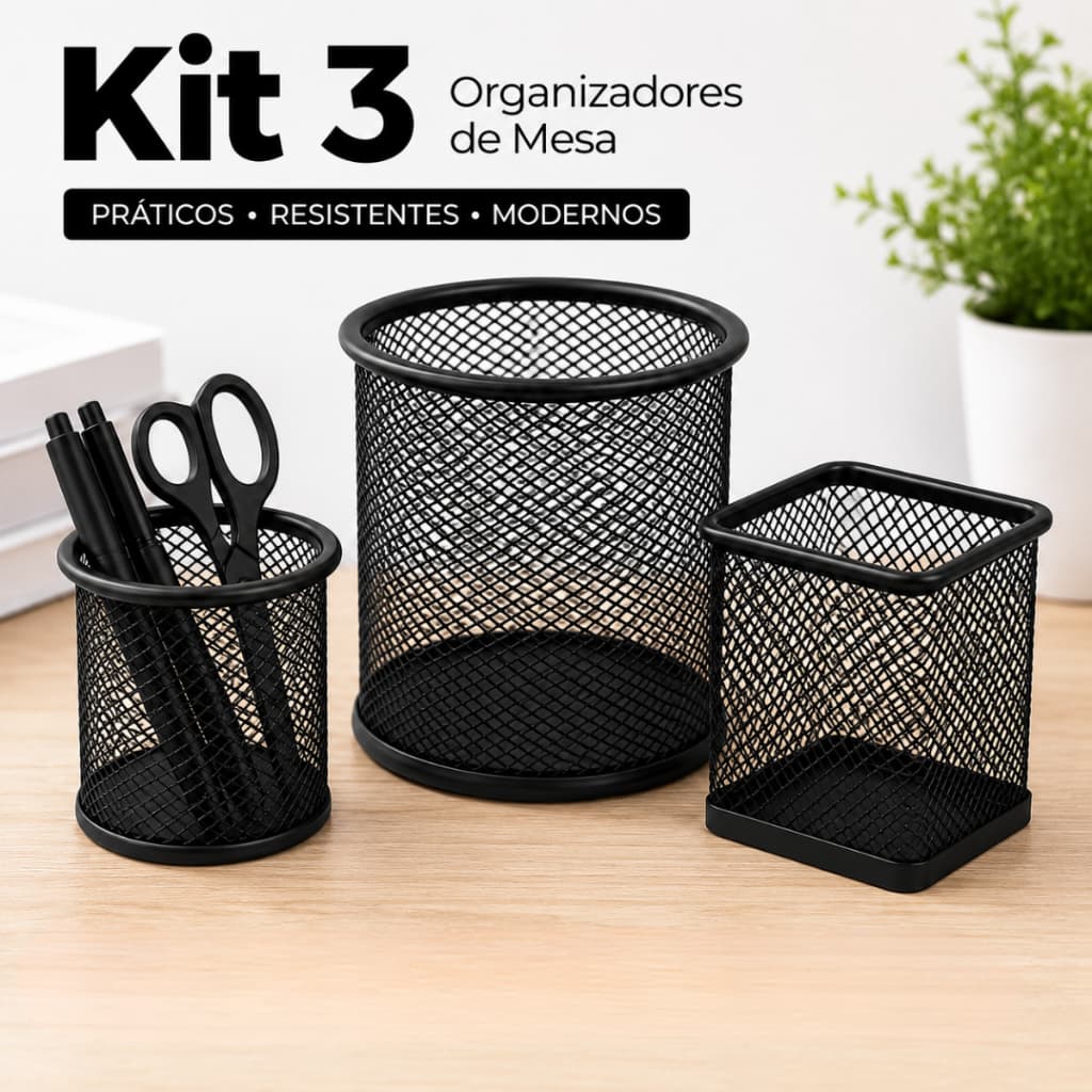 Kit Organizador de Mesa Metal Aramado Para Escritório Porta Lapís Caneta Clips Porta Treco