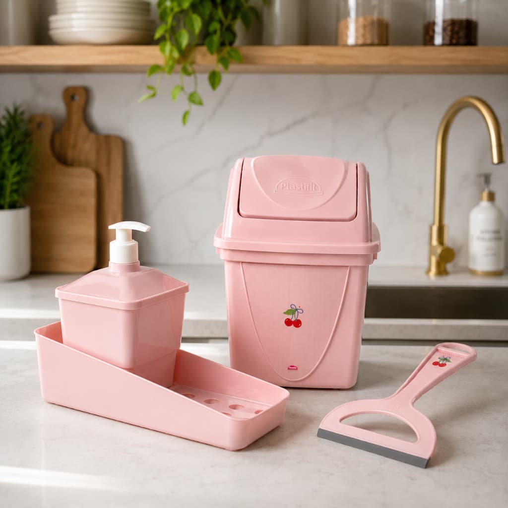 Kit de Cozinha Rodo de Pia Lixeira e Dispenser para Detergente Sabão em Pedra e Bucha Rosa  3 em 1 Qualidade Premium