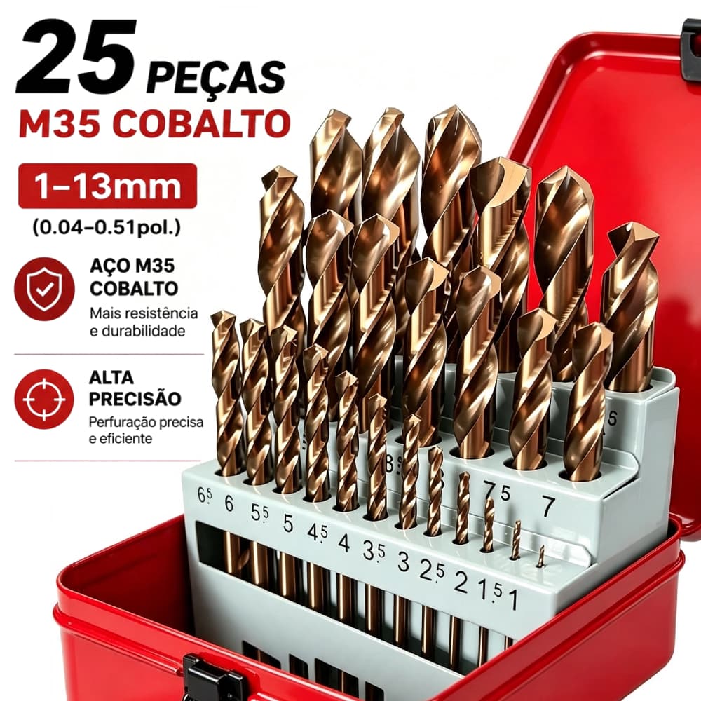 Jogo de Brocas HSS Aço Rápido 25 Peças, Ferramenta de Furação para Ferro e Metais Oficina