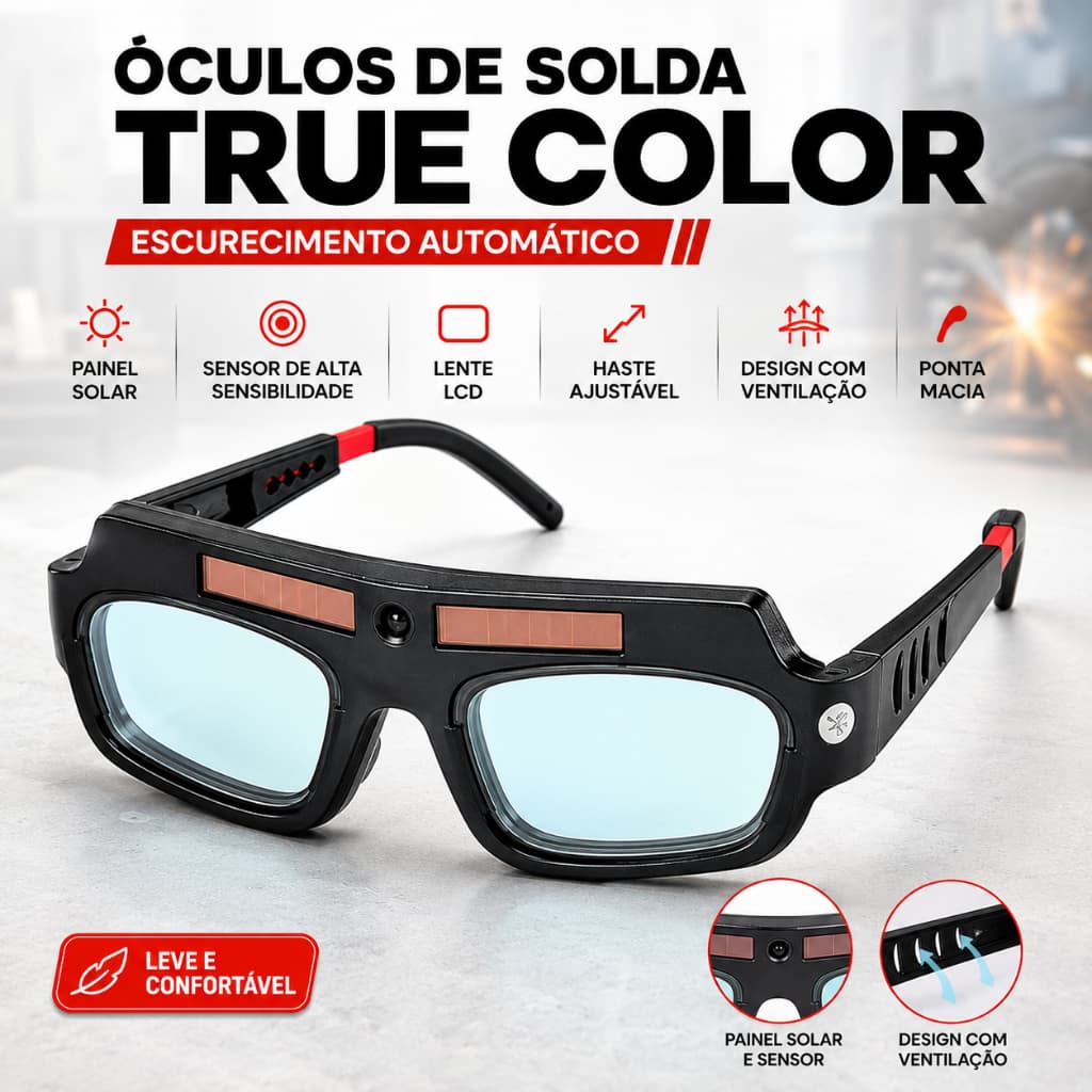 Óculos de Solda com Escurecimento Automático, Lente Visão Real, Proteção Anti-Brilho