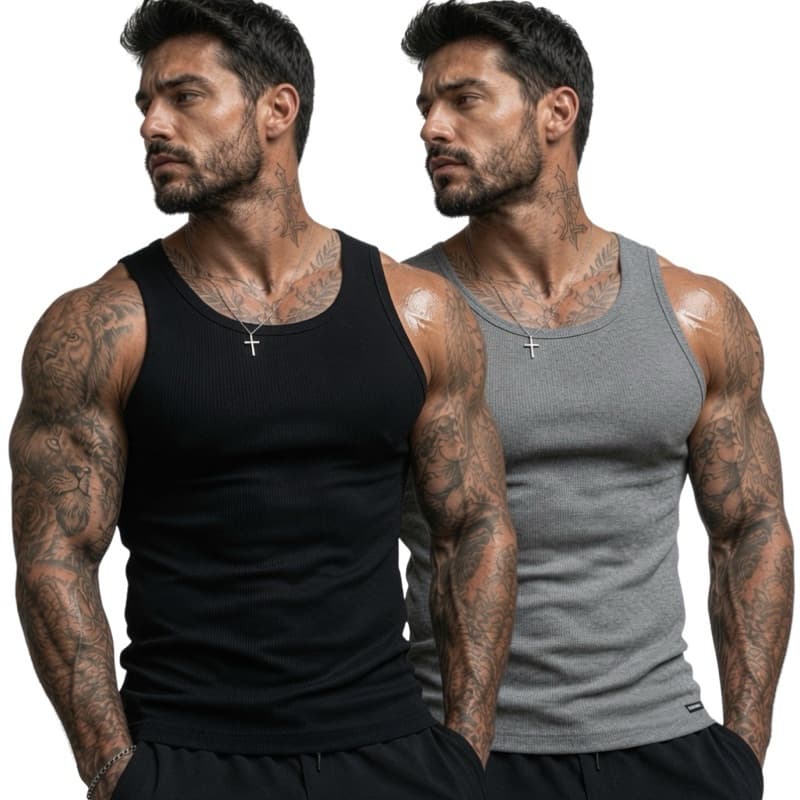 Kit 2 Regata Masculina  Americana Ribana Canelada Algodão e Elastano