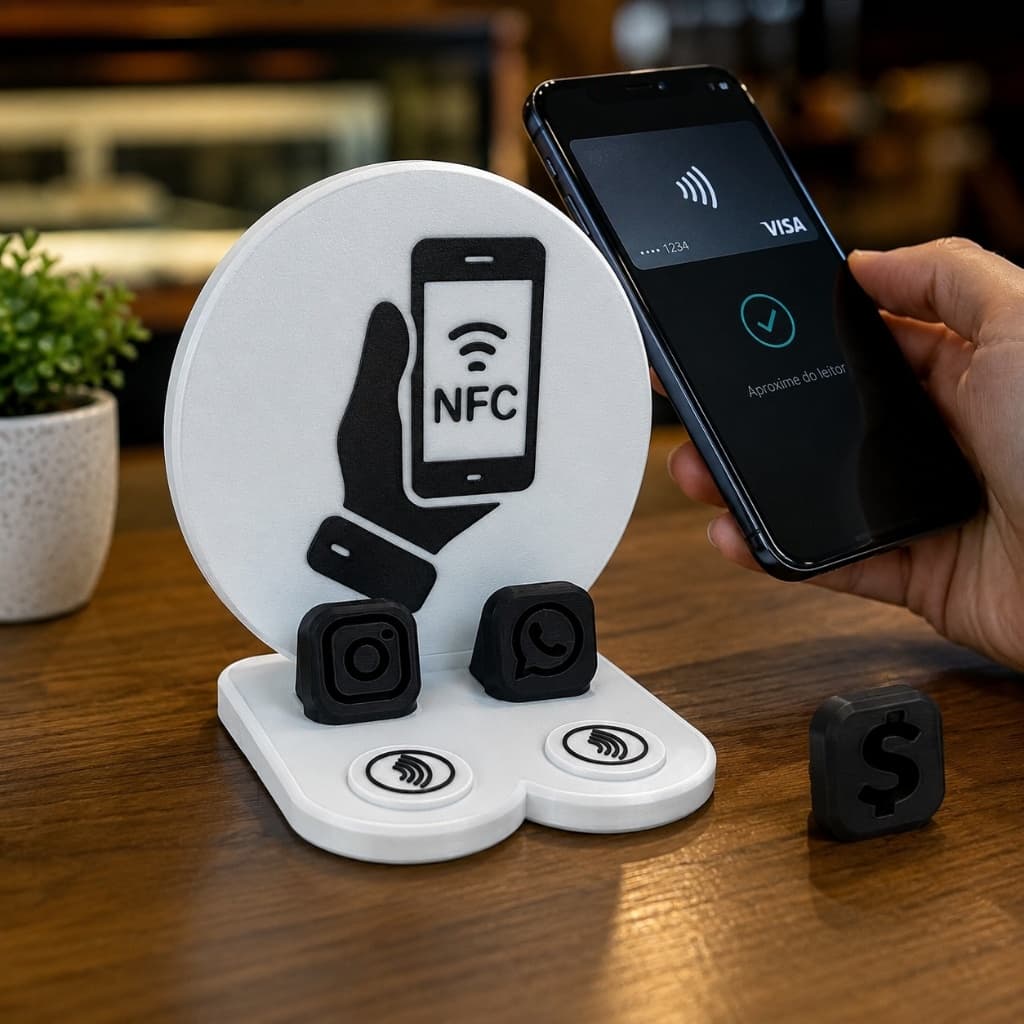 Placa Pix NFC Display Suporte Expositor Balcão Mesa QR Code Instagram WhatsApp Interativo Pagamento Loja