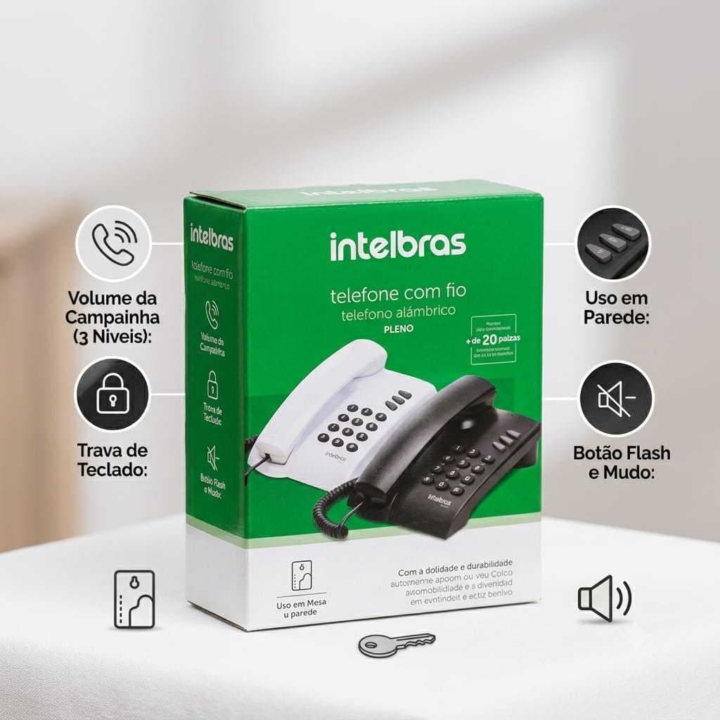 Telefone Fixo Intelbras Pleno Com Fio Sem Chave de Bloqueio Preto Mesa ou Parede Flash / Mudo / Rediscar