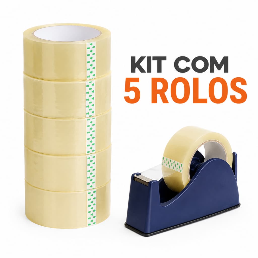 Kit com 5 Rolos Fita Adesiva Transparente Empacotamento Durex 45mm x 45metros Embalagem