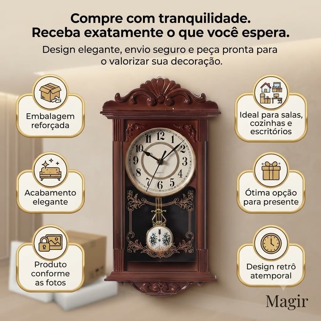 Relógio Analógico De Parede Rústico Lindo Pêndulo Ativo 38cm Cor Da Estrutura Rustica