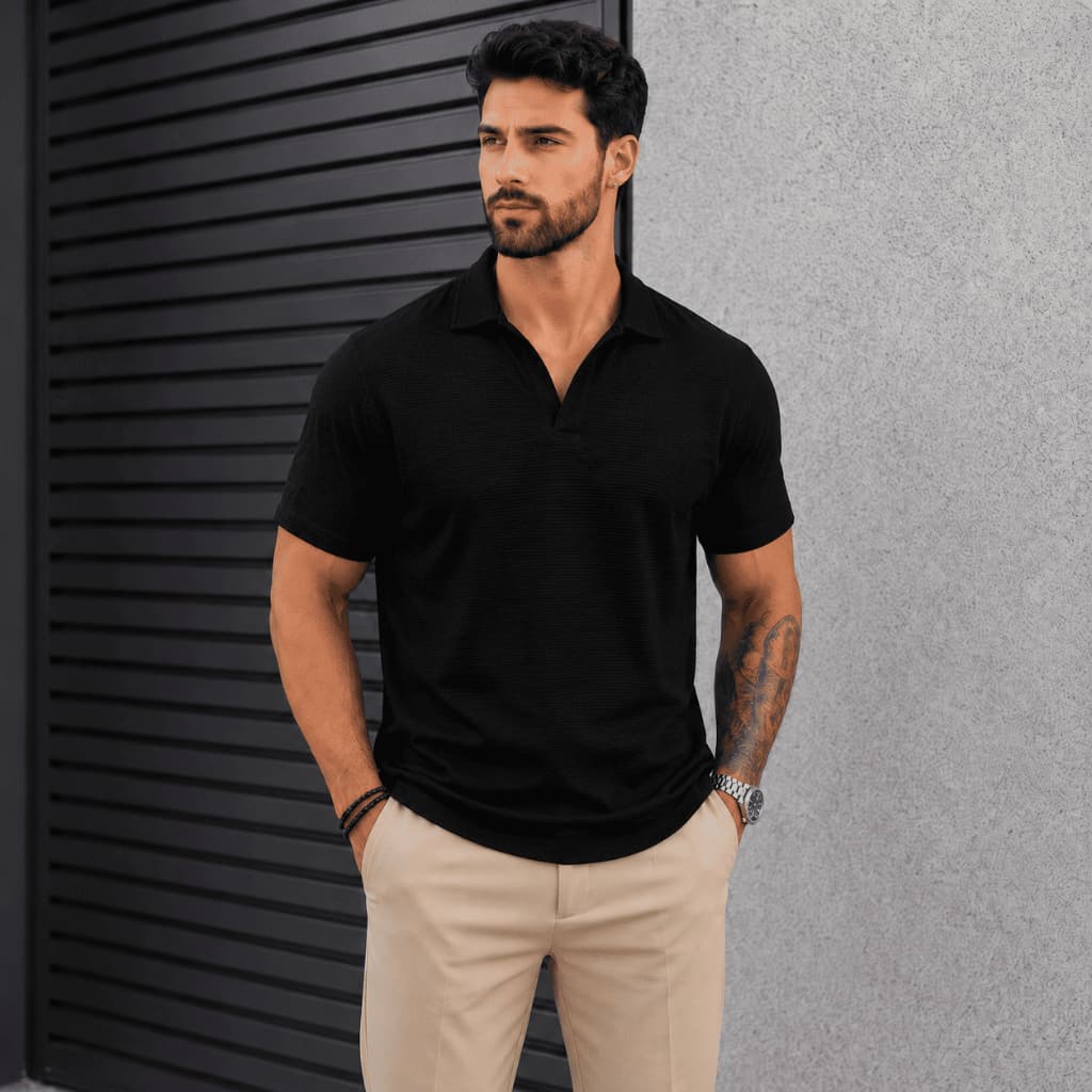 Polo Italiana Texturizada Sem Botão Camisa Polo Masculino Luxo Old Money