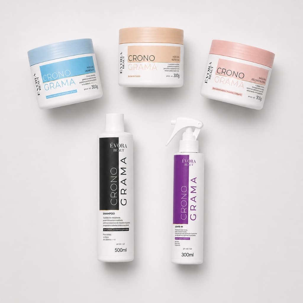 Kit Cronograma Capilar Completo Évora Beaut Shampoo 500ml Leave-in 300ml Hidratação Nutrição Reconstrução Profissional