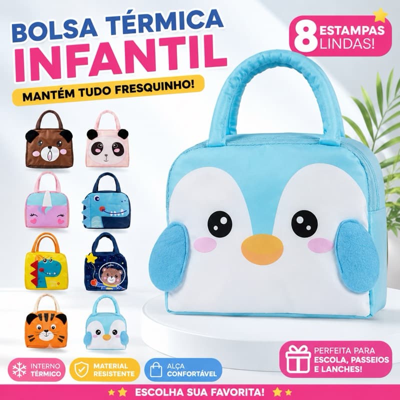 Lancheira Térmica Infantil Bolsa Escolar Marmita Passeio C/ Alça Estampa 3D Animais Menino Menina Pic nic Praia Piscina