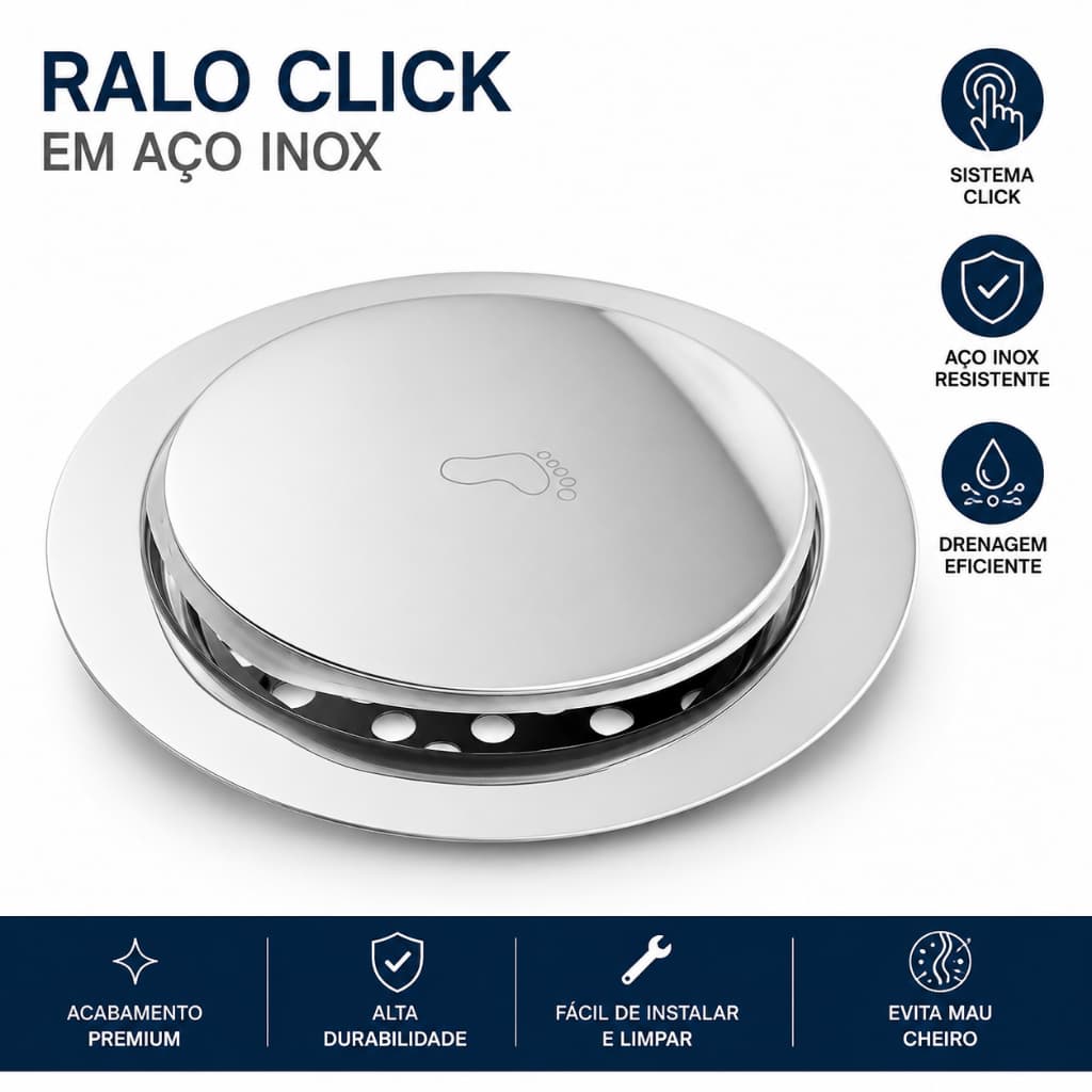 Ralo Click Inox Redondo com Tampa Removível – Ralo de Banheiro Aço Inox