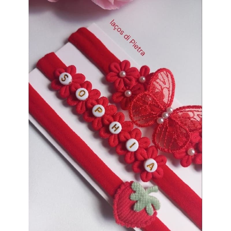 kit 3 Faixas de meia de seda PERSONALIZADA/ Saída maternidade, ensaio newborn Tiara de meia de seda vermelho luxo jardim