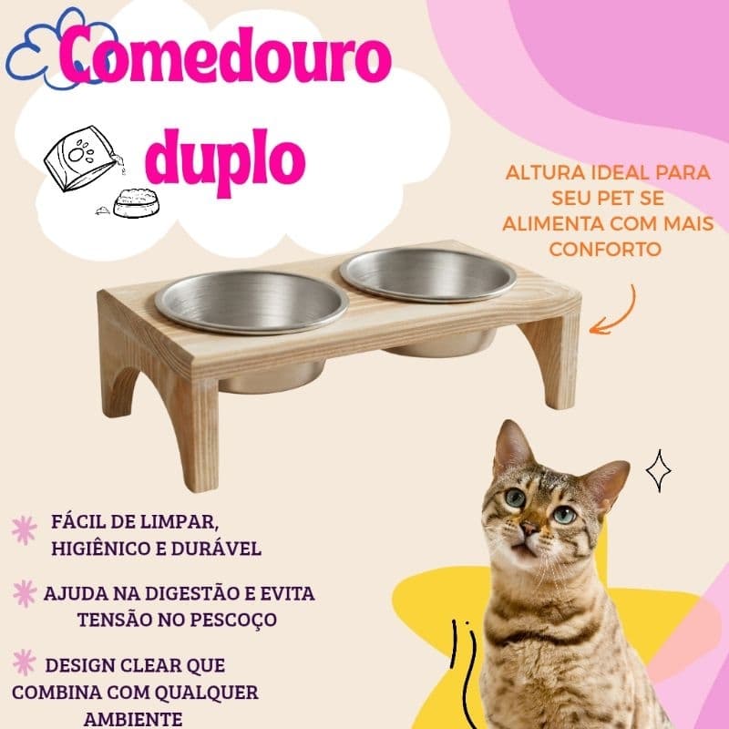 Comedouro Duplo Bebedouro Elevado Ergonômico Madeira Para Cães e Gatos Com Duas Tigelas Vasilhas Ração Alumínio Inox Pet